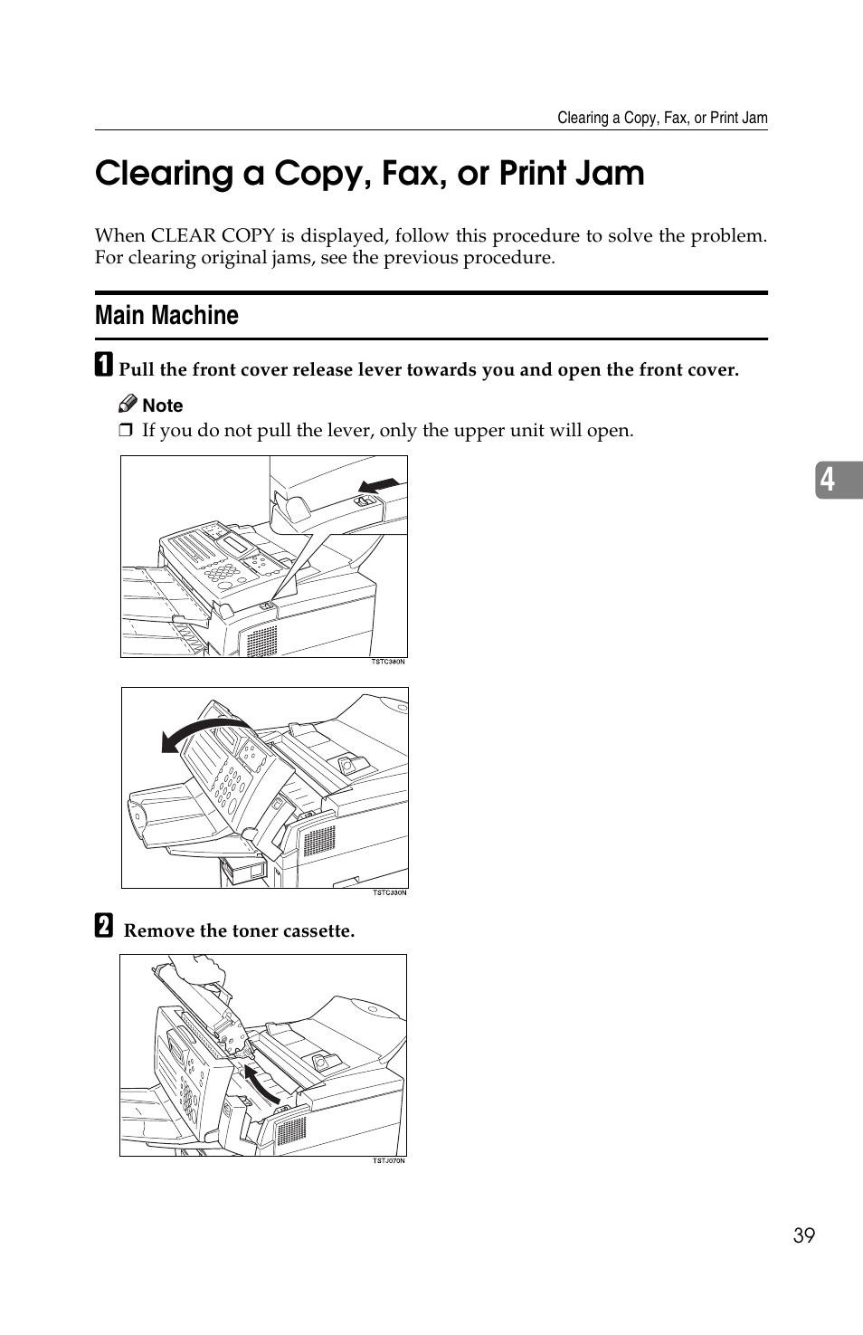 4clearing a copy, fax, or print jam, Main machine | Ricoh FAX2050L User Manual | Page 49 / 216