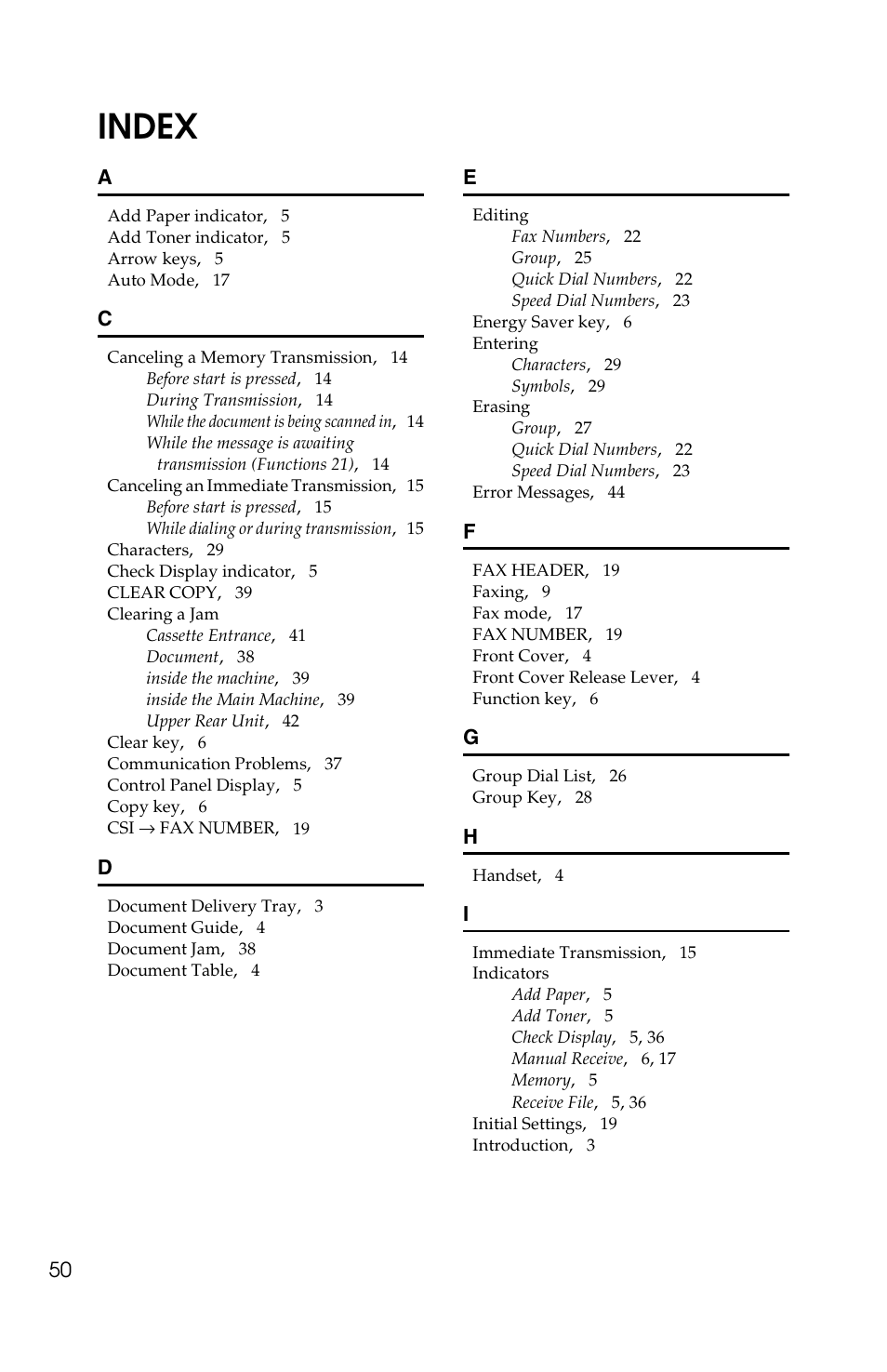 Index | Ricoh FAX2050L User Manual | Page 60 / 216
