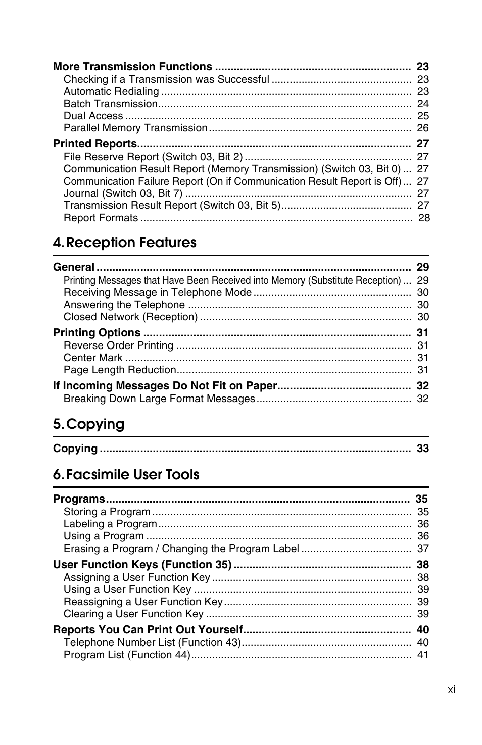 Reception features, Copying, Facsimile user tools | Ricoh FAX2050L User Manual | Page 77 / 216