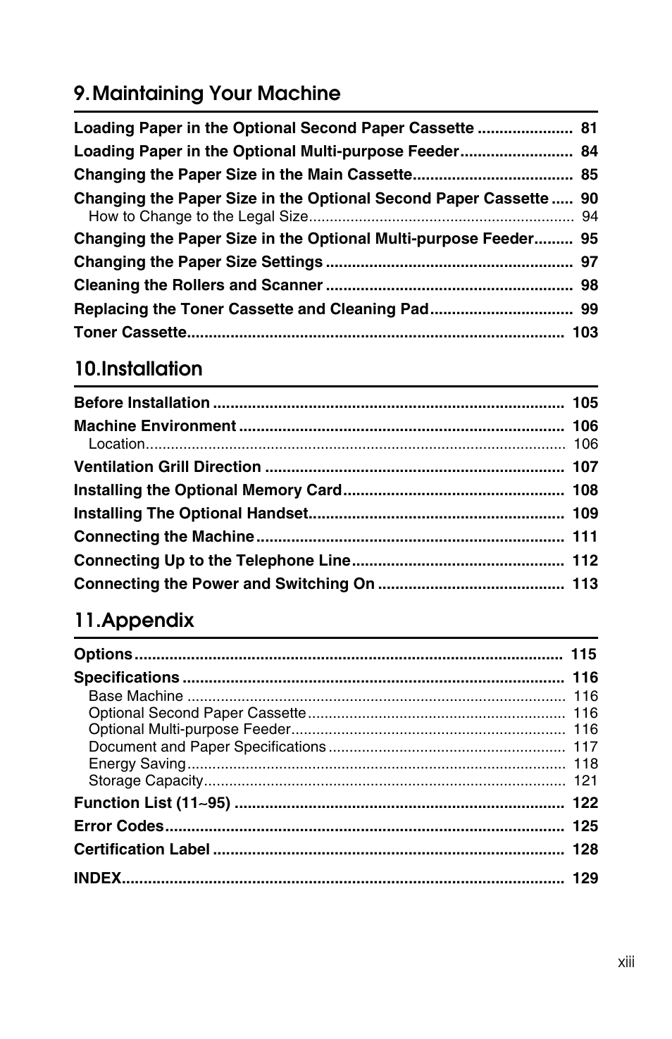 Maintaining your machine, Installation, Appendix | Ricoh FAX2050L User Manual | Page 79 / 216