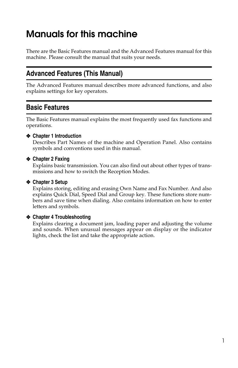 Manuals for this machine, Advanced features (this manual), Basic features | Ricoh FAX2050L User Manual | Page 81 / 216