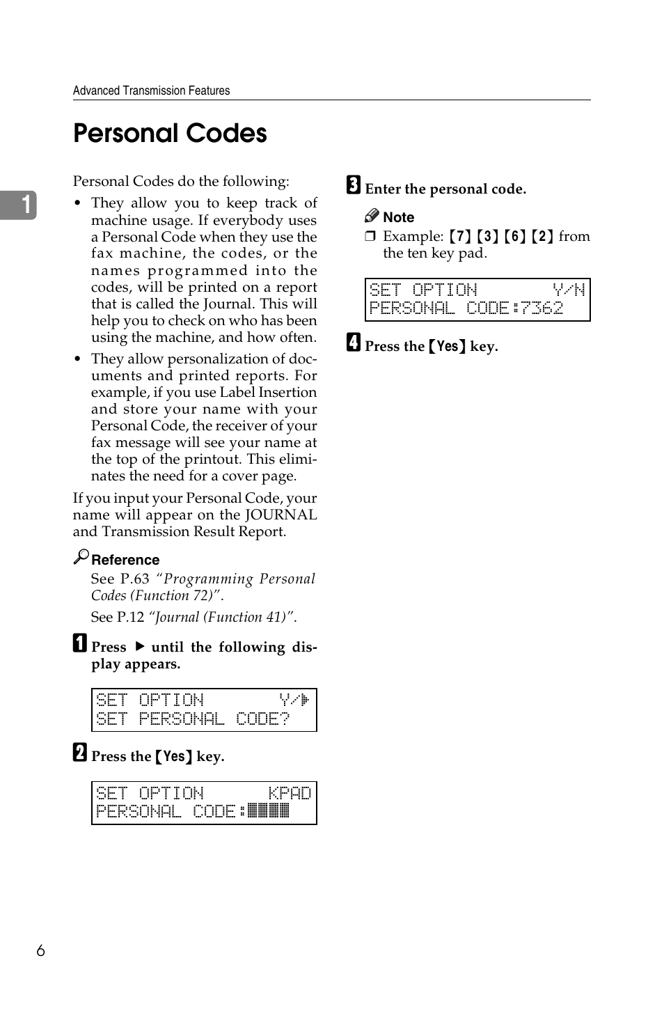 1personal codes | Ricoh FAX2050L User Manual | Page 86 / 216