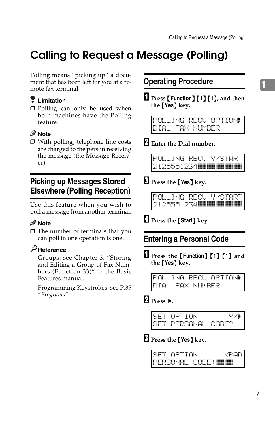 1calling to request a message (polling), Operating procedure, Entering a personal code | Ricoh FAX2050L User Manual | Page 87 / 216