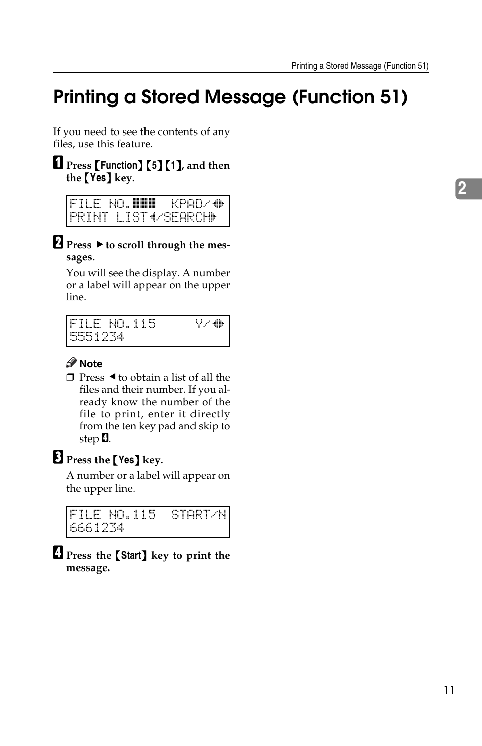 2printing a stored message (function 51) | Ricoh FAX2050L User Manual | Page 91 / 216