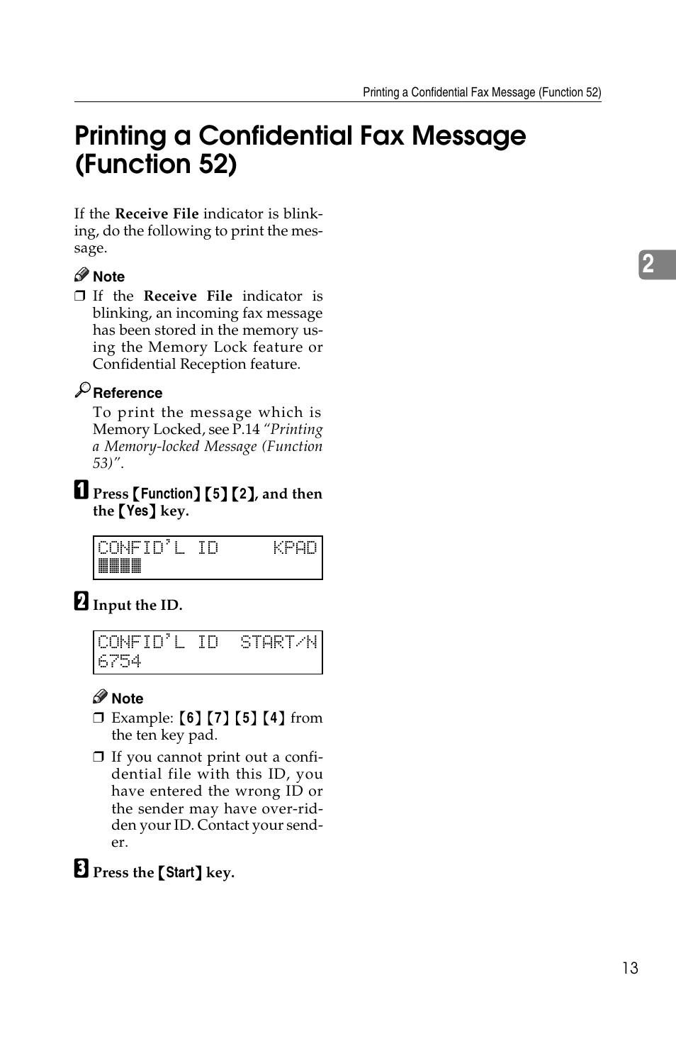2printing a confidential fax message (function 52) | Ricoh FAX2050L User Manual | Page 93 / 216