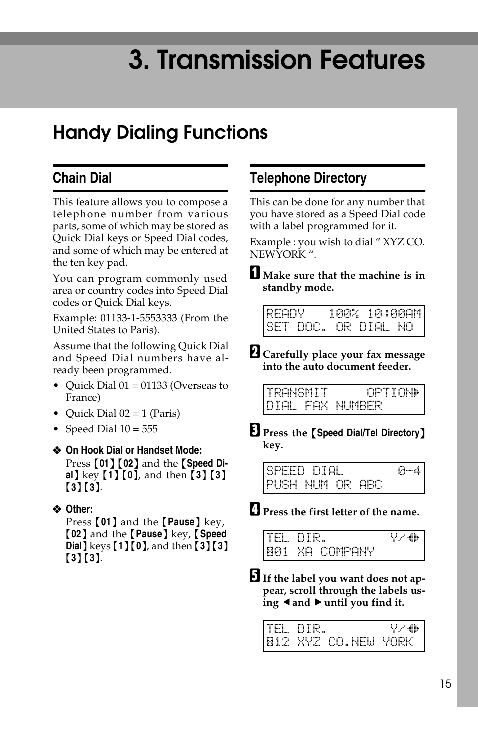 Transmission features, Handy dialing functions, Chain dial | Telephone directory | Ricoh FAX2050L User Manual | Page 95 / 216