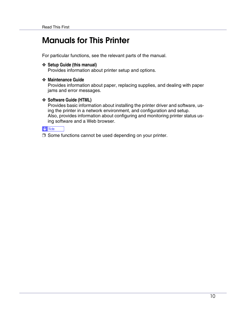 Manuals for this printer | Ricoh G1168604A User Manual | Page 10 / 97