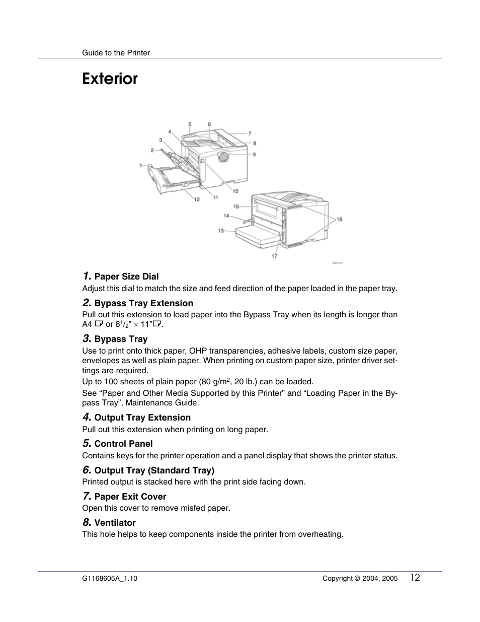 Guide to the printer, Exterior | Ricoh G1168604A User Manual | Page 12 / 97