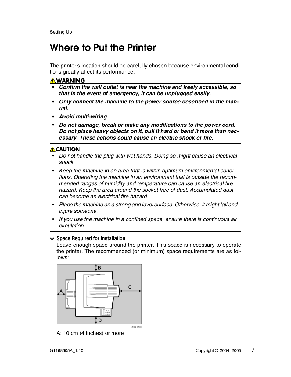 Setting up, Where to put the printer | Ricoh G1168604A User Manual | Page 17 / 97