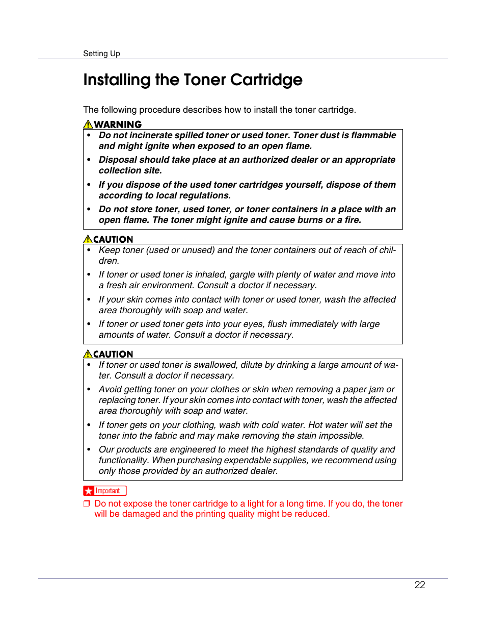 Installing the toner cartridge | Ricoh G1168604A User Manual | Page 22 / 97
