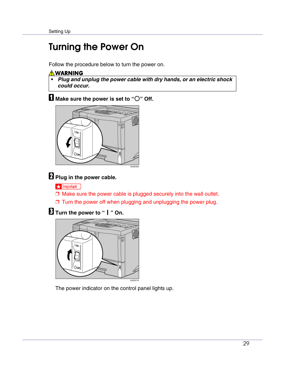 Turning the power on | Ricoh G1168604A User Manual | Page 29 / 97