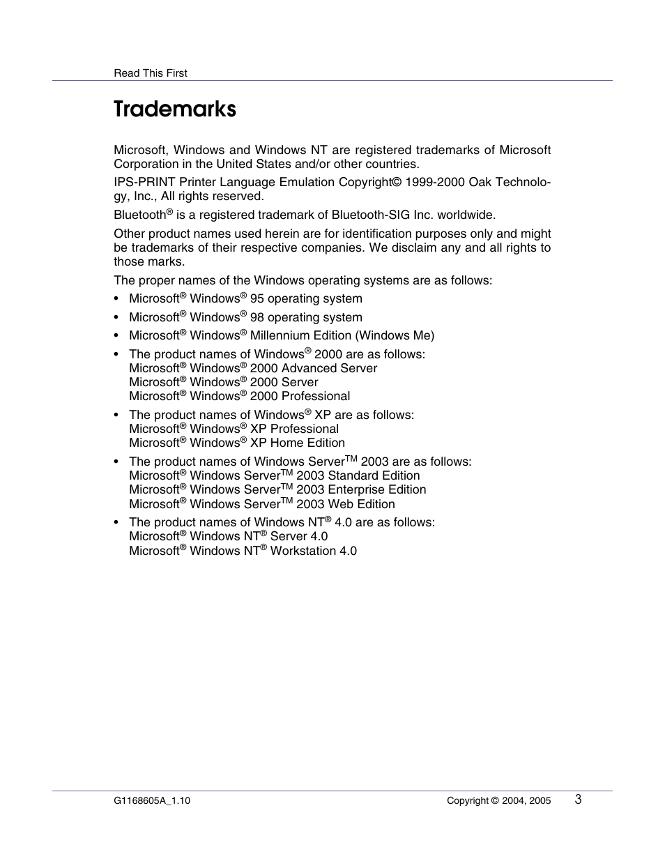 Read this first, Trademarks | Ricoh G1168604A User Manual | Page 3 / 97