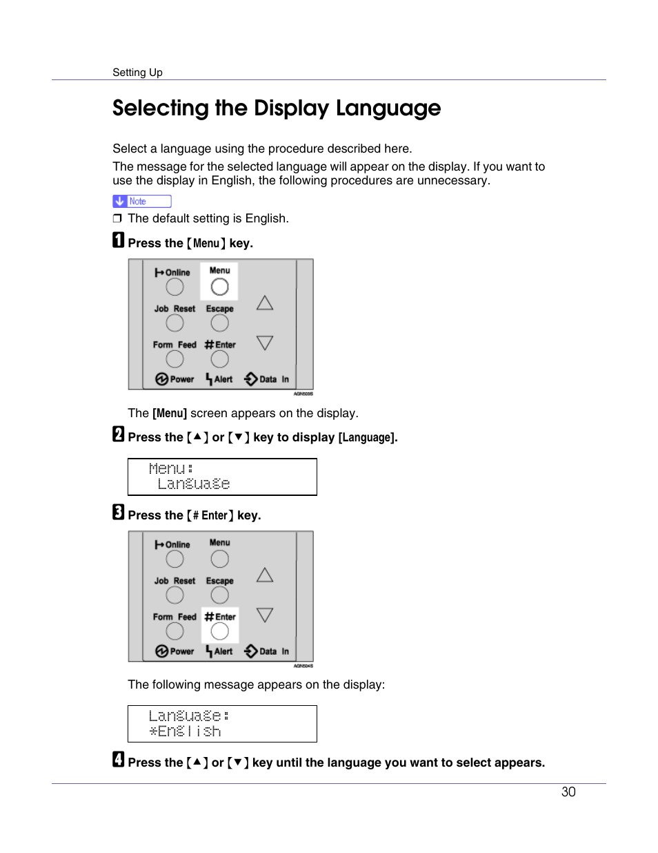 Selecting the display language | Ricoh G1168604A User Manual | Page 30 / 97