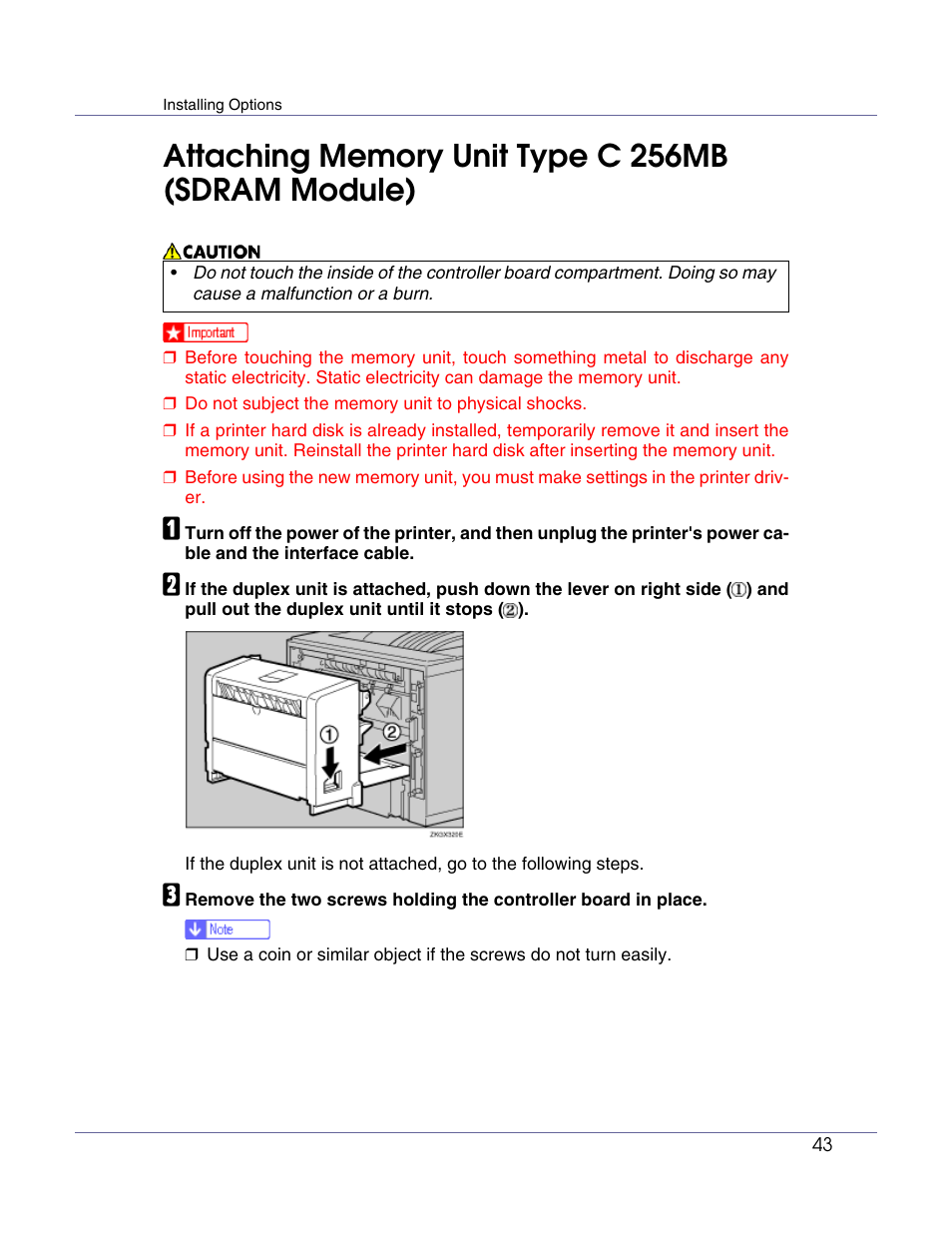 Attaching memory unit type c 256mb (sdram module) | Ricoh G1168604A User Manual | Page 43 / 97