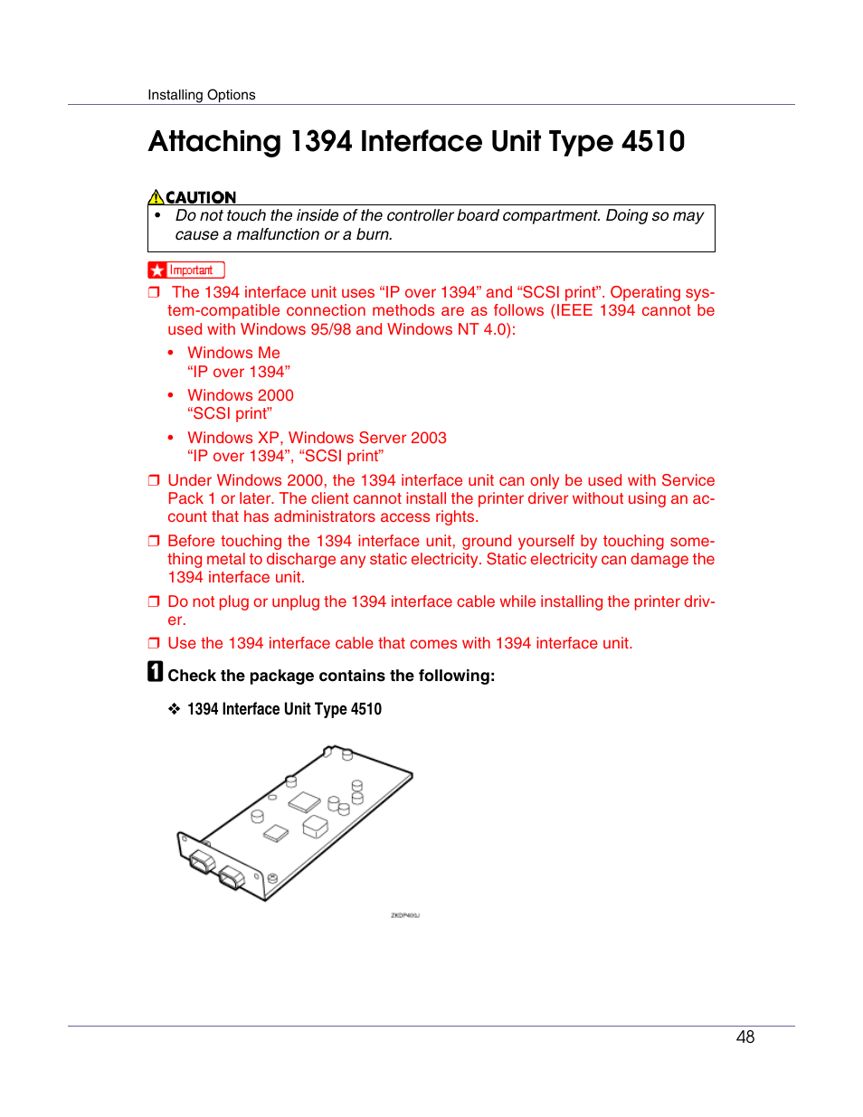 Attaching 1394 interface unit type 4510, P.48 “attaching 1394 interface unit type 4510 | Ricoh G1168604A User Manual | Page 48 / 97