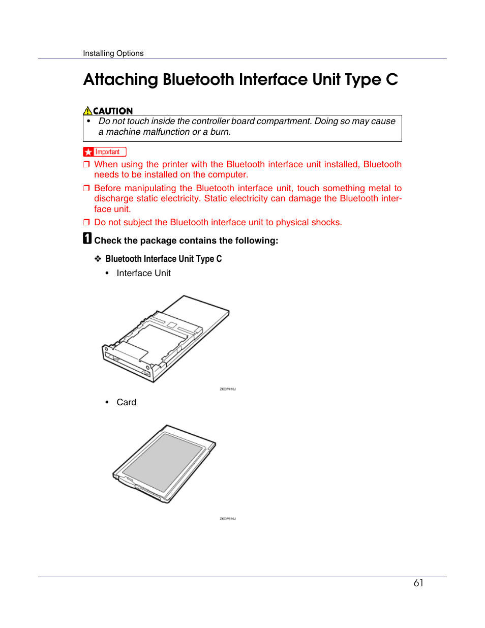 Attaching bluetooth interface unit type c, P.61 “attaching bluetooth interface unit type c | Ricoh G1168604A User Manual | Page 61 / 97