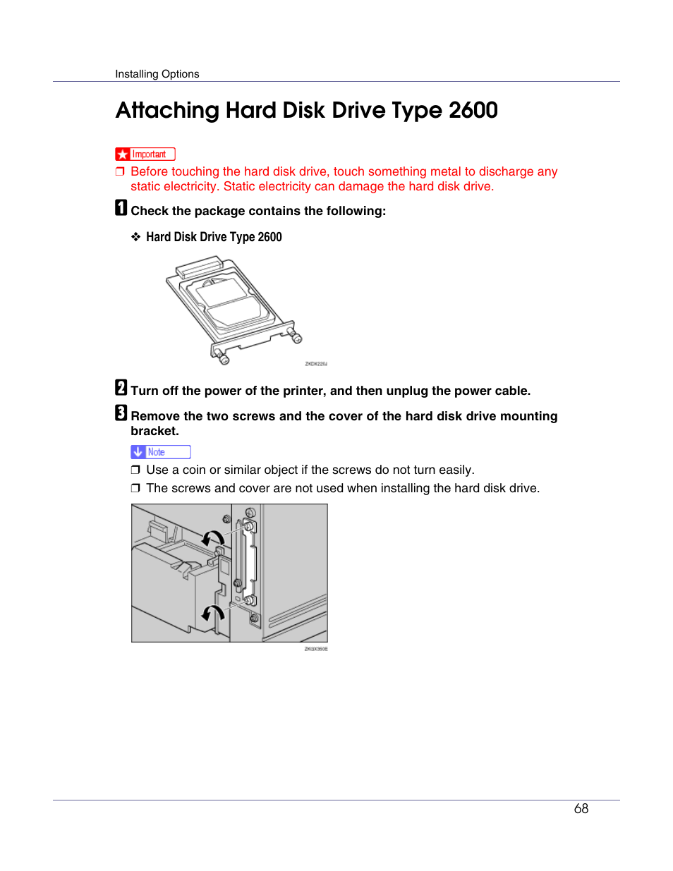 Attaching hard disk drive type 2600, P.68 “attaching hard disk drive type 2600 | Ricoh G1168604A User Manual | Page 68 / 97