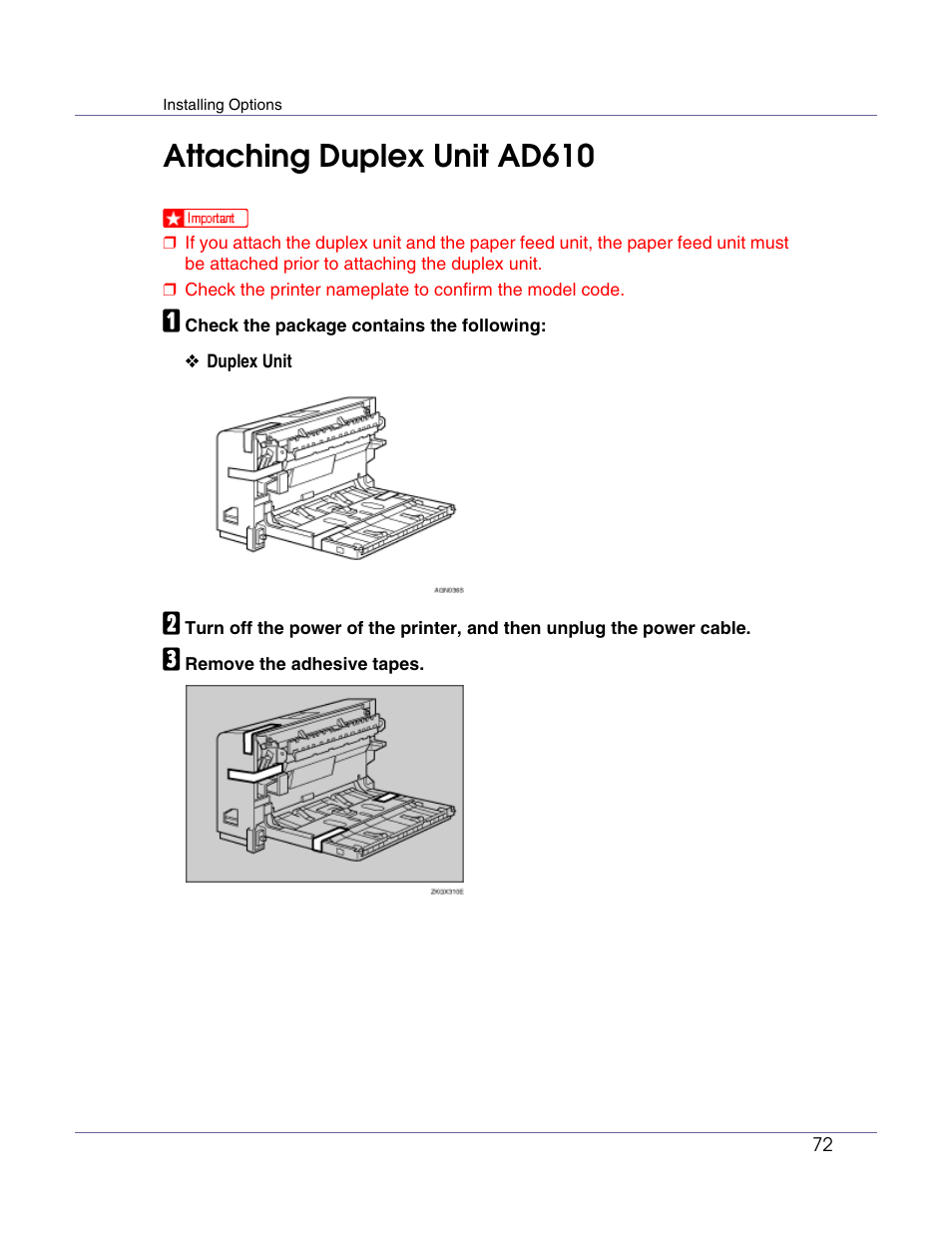 Attaching duplex unit ad610, P.72 “attaching duplex unit ad610 | Ricoh G1168604A User Manual | Page 72 / 97