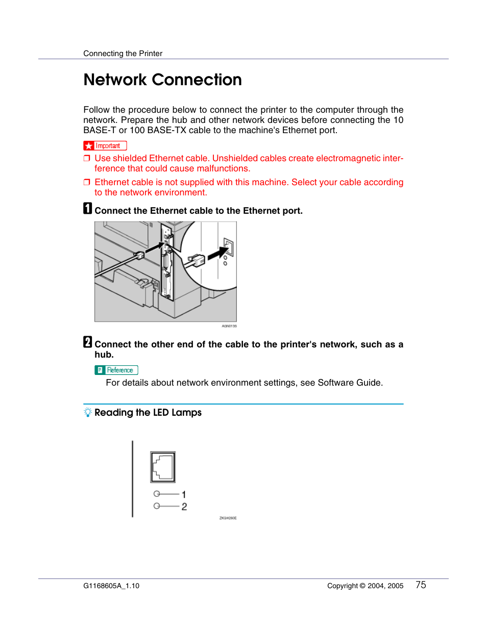 Connecting the printer, Network connection | Ricoh G1168604A User Manual | Page 75 / 97