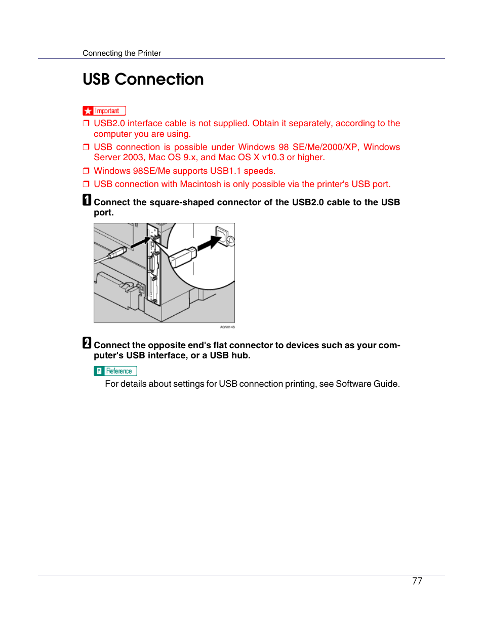 Usb connection | Ricoh G1168604A User Manual | Page 77 / 97