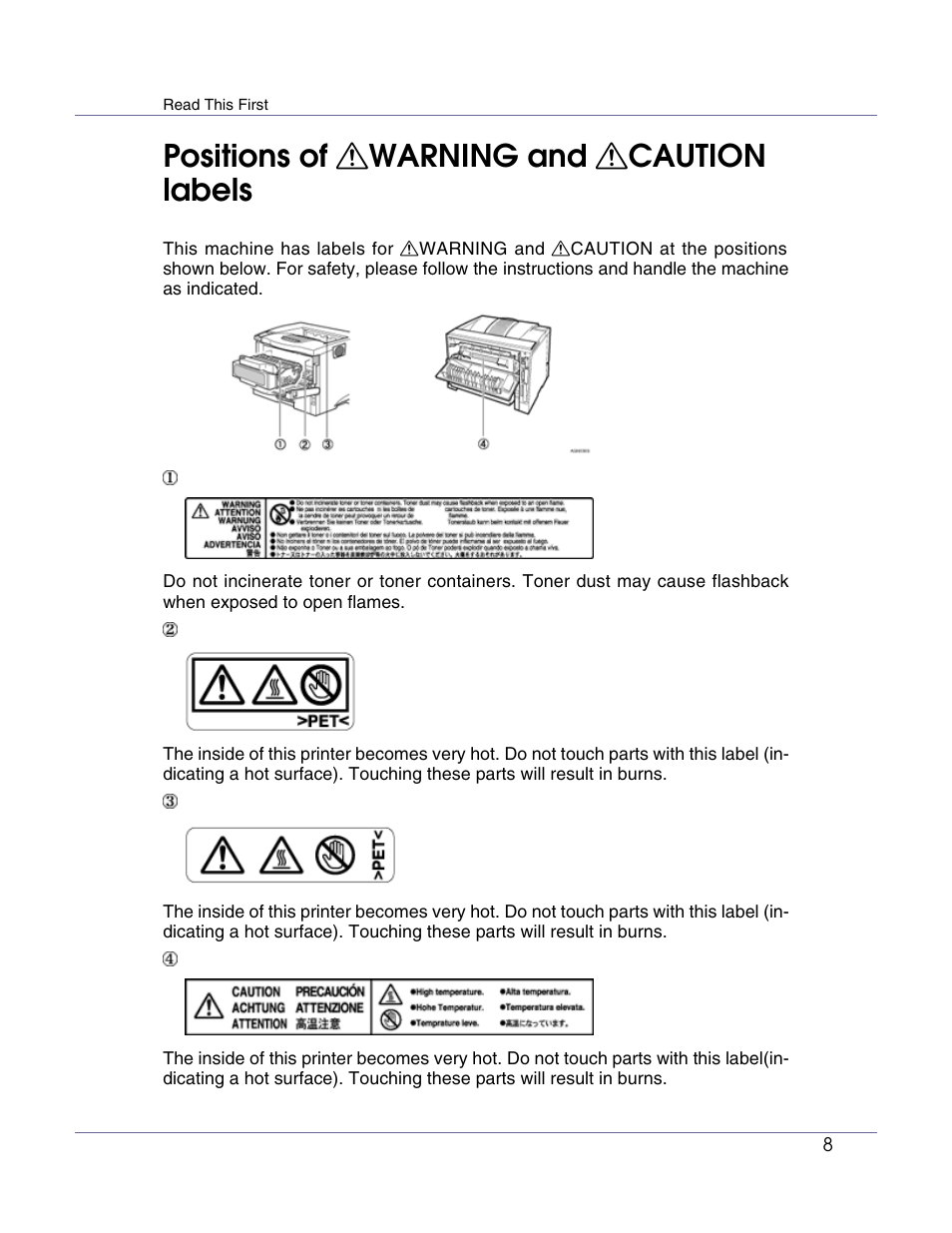 Positions of r warning and r caution labels | Ricoh G1168604A User Manual | Page 8 / 97