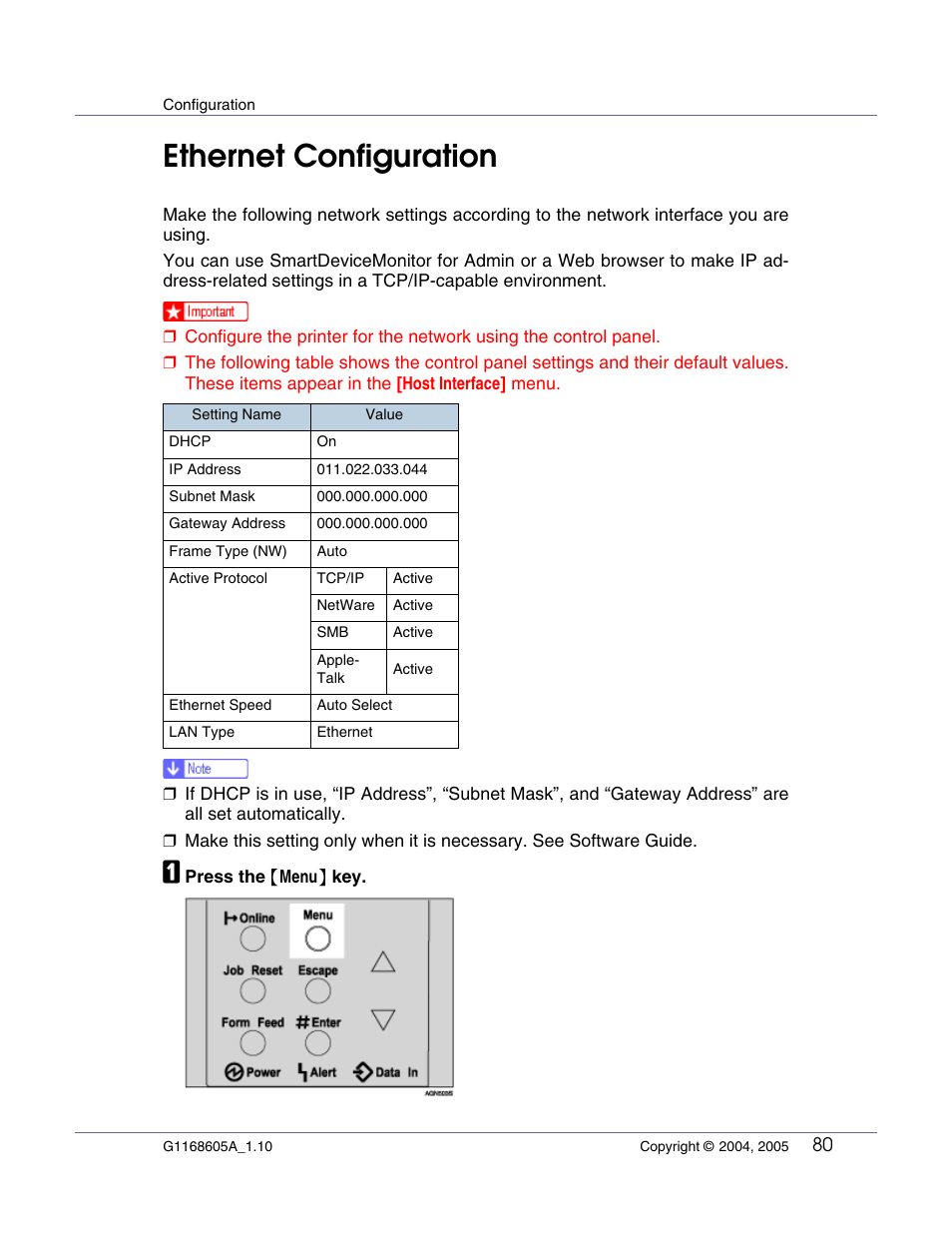 Configuration, Ethernet configuration | Ricoh G1168604A User Manual | Page 80 / 97