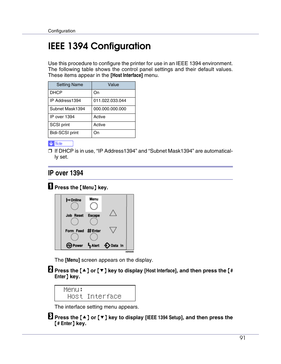 Ieee 1394 configuration, Ip over 1394, P.91 “ieee 1394 configuration | Menu: host interface | Ricoh G1168604A User Manual | Page 91 / 97