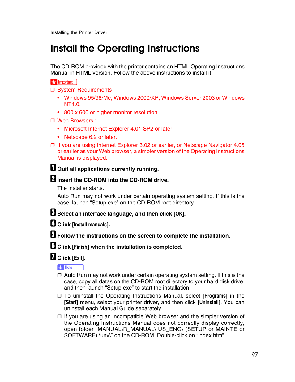 Install the operating instructions | Ricoh G1168604A User Manual | Page 97 / 97