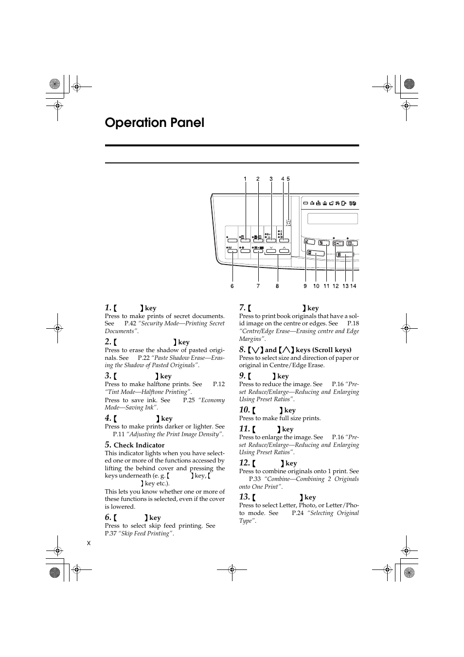 Operation panel, Keys | Ricoh PRIPORT JP1250 User Manual | Page 14 / 144