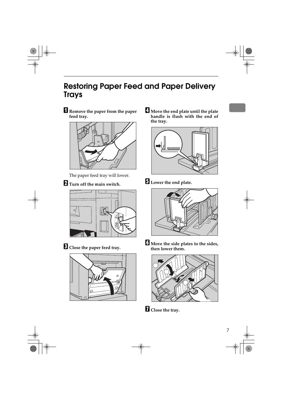 1restoring paper feed and paper delivery trays | Ricoh PRIPORT JP1250 User Manual | Page 27 / 144