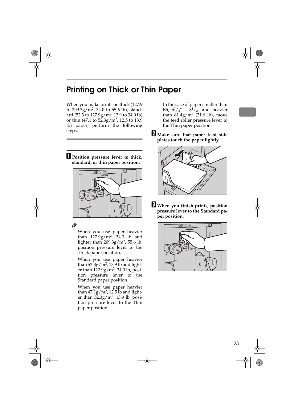 1printing on thick or thin paper, Pressure lever position | Ricoh PRIPORT JP1250 User Manual | Page 43 / 144