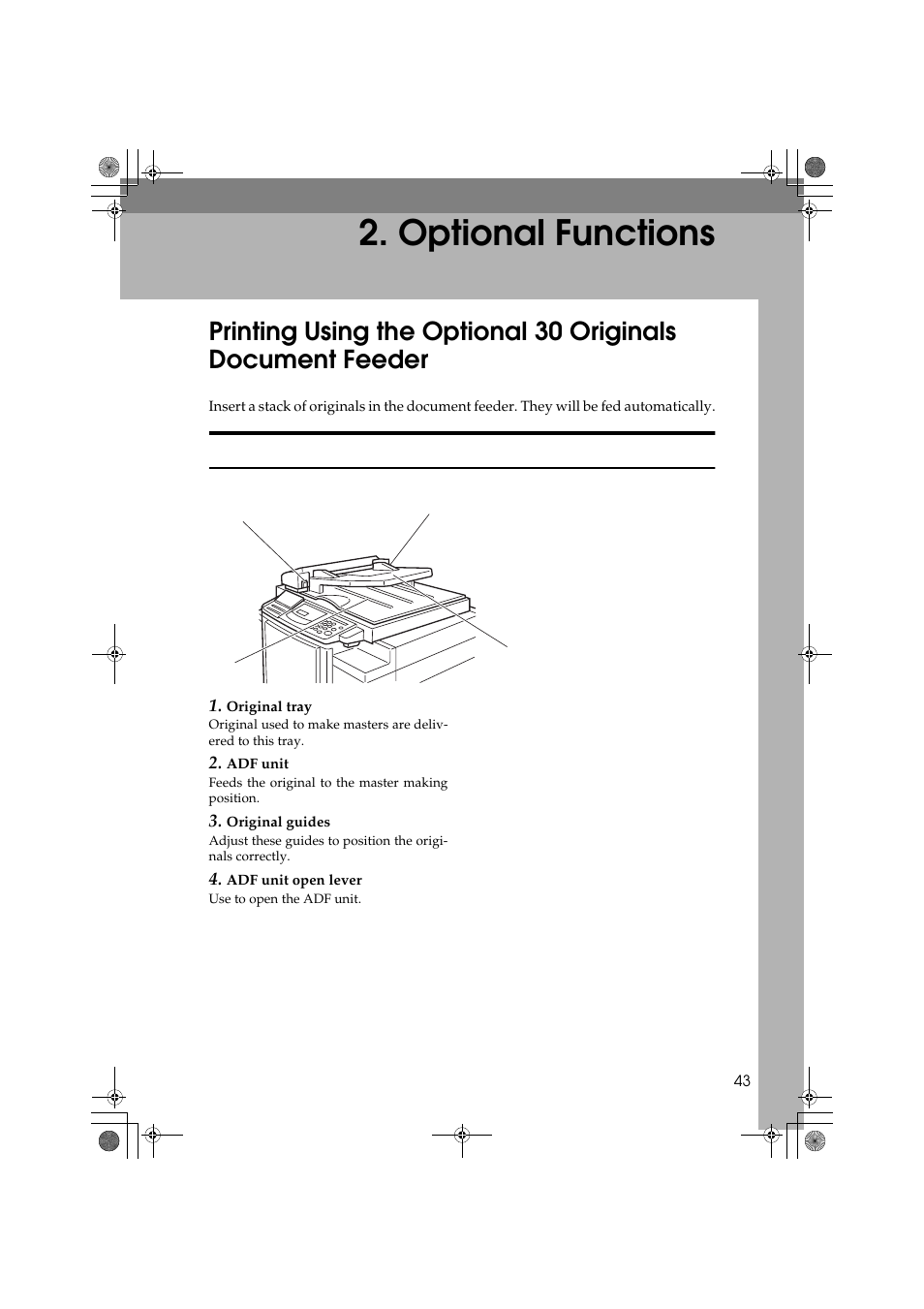 Optional functions, Document feeder exterior | Ricoh PRIPORT JP1250 User Manual | Page 63 / 144