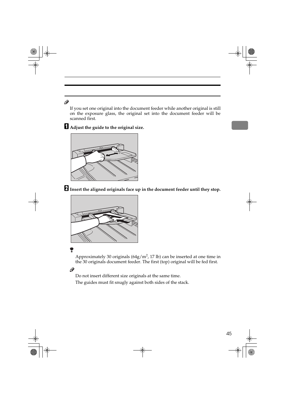 Setting originals in the document feeder | Ricoh PRIPORT JP1250 User Manual | Page 65 / 144