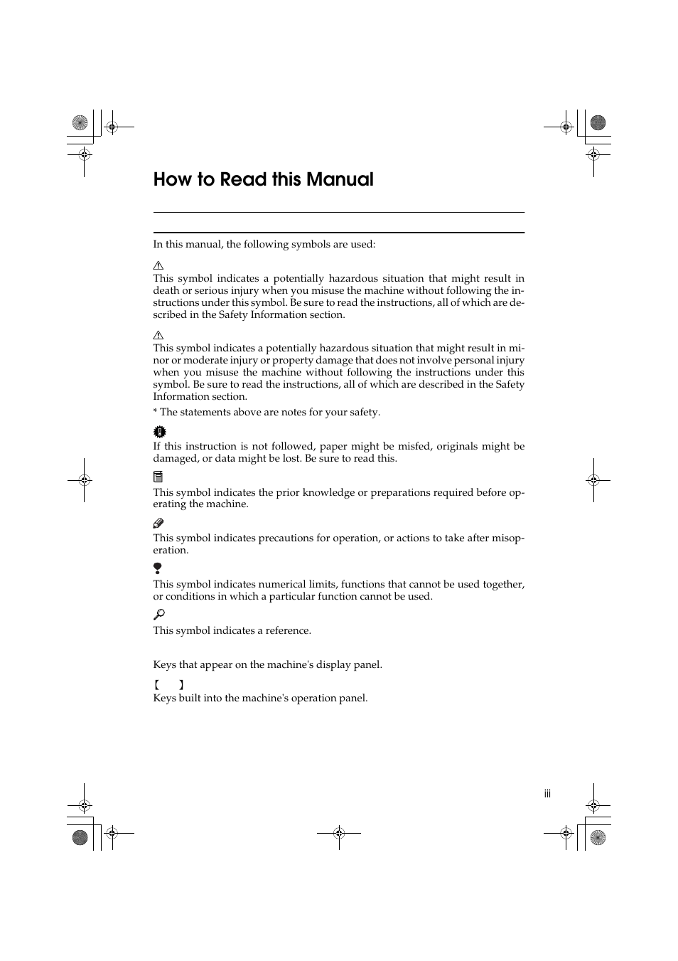 How to read this manual | Ricoh PRIPORT JP1250 User Manual | Page 7 / 144