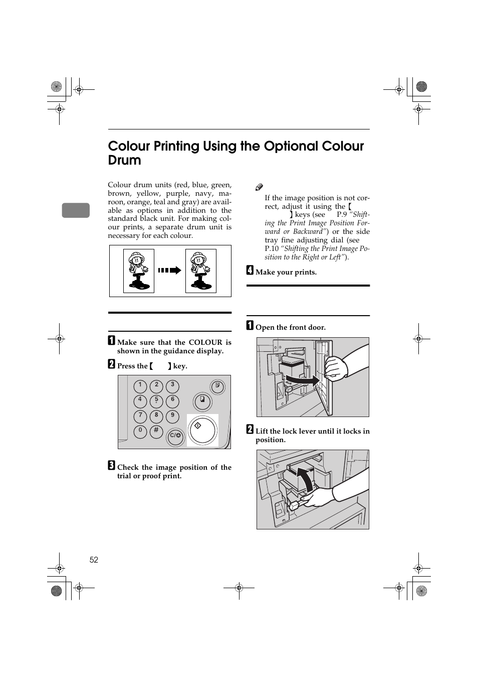 2colour printing using the optional colour drum, Making colour prints, Changing the colour drum unit | Ricoh PRIPORT JP1250 User Manual | Page 72 / 144