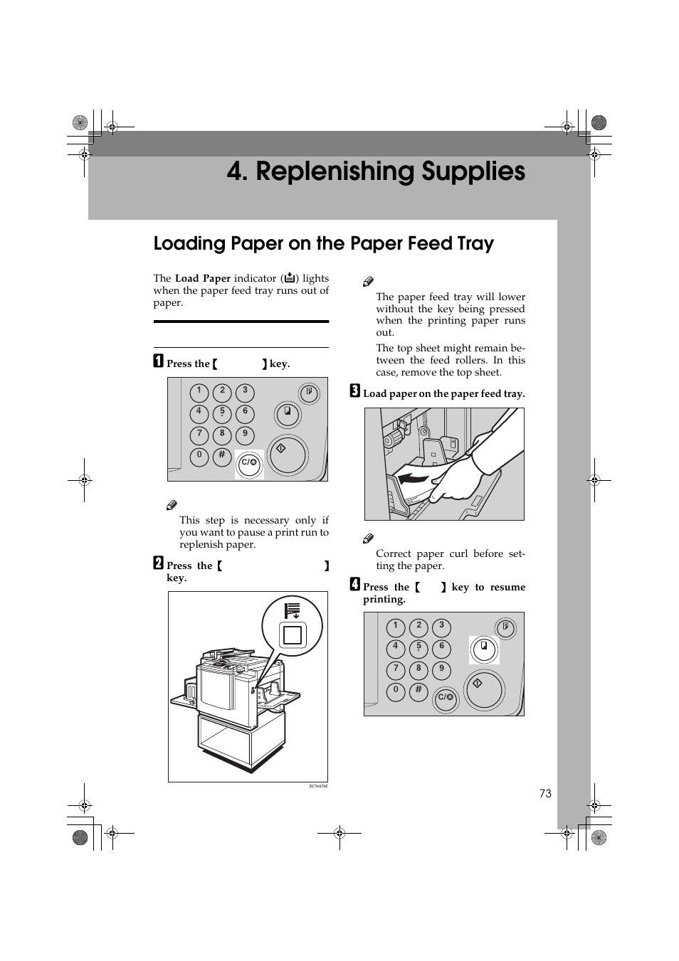 Replenishing supplies, Loading paper on the paper feed tray, Replenishing paper | Ricoh PRIPORT JP1250 User Manual | Page 93 / 144