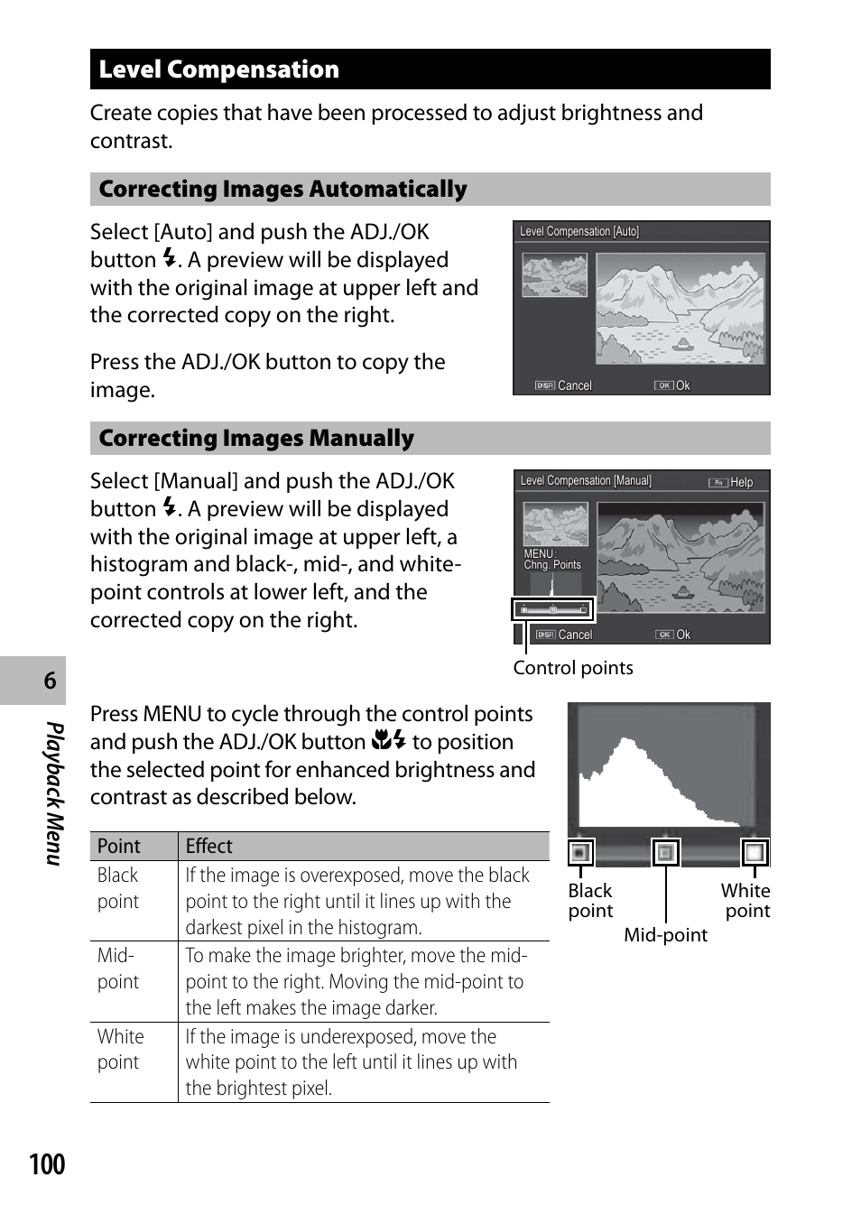 Level compensation, Playback men u, Correcting images automatically | Correcting images manually, Control points, Black point mid-point white point | Ricoh DIGITAL CAMERA CX5 User Manual | Page 101 / 161