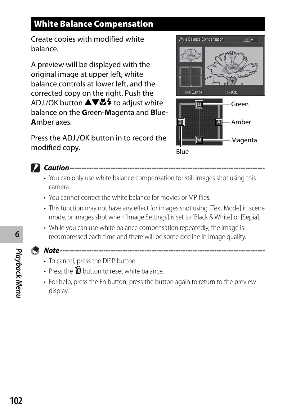 White balance compensation, Playback men u, Caution | Ricoh DIGITAL CAMERA CX5 User Manual | Page 103 / 161