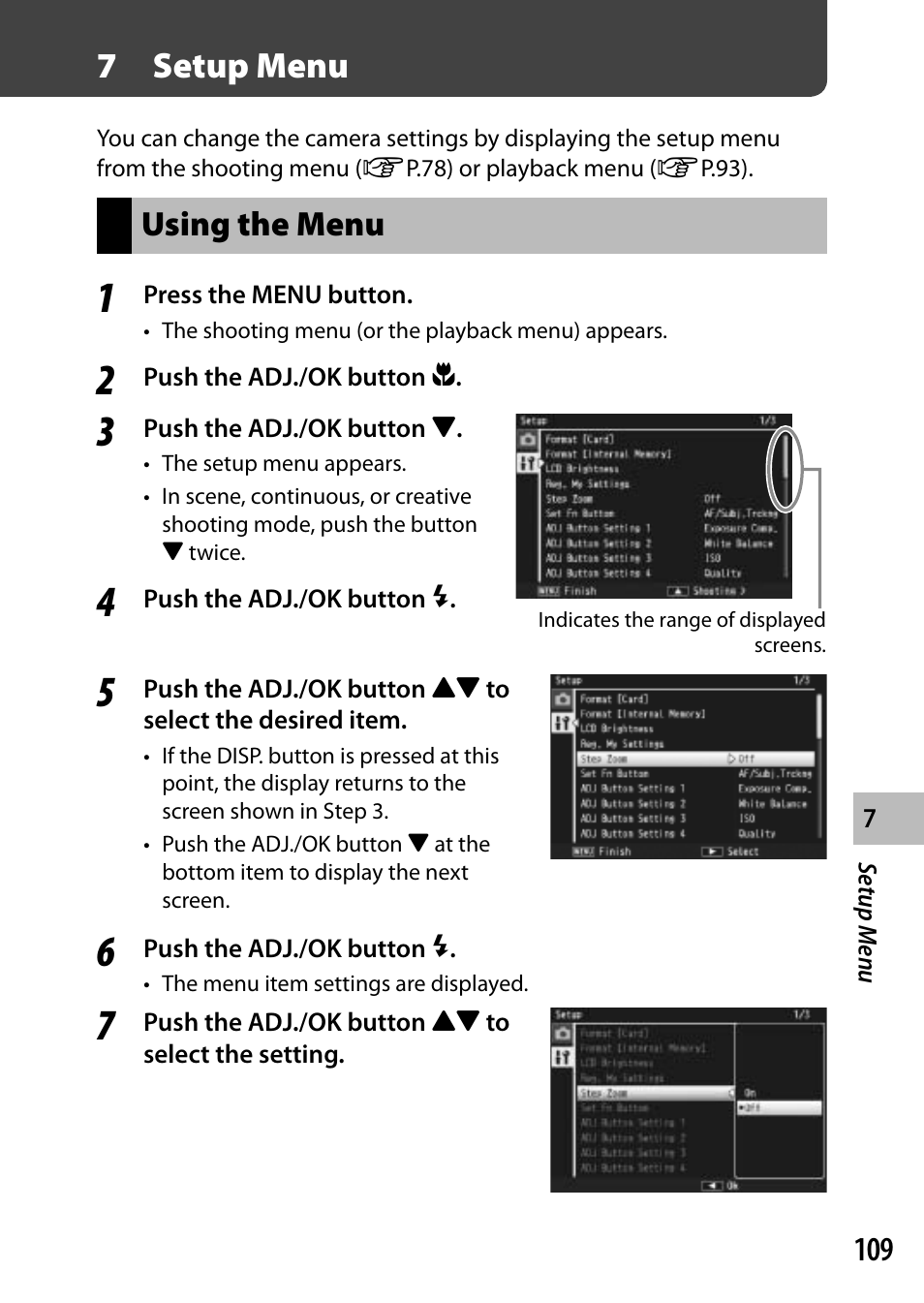 7setup menu, Using the menu | Ricoh DIGITAL CAMERA CX5 User Manual | Page 110 / 161