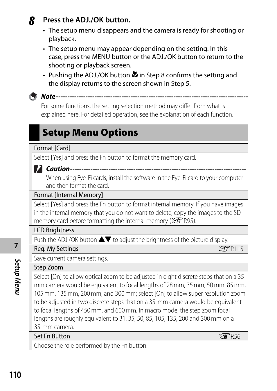 Setup menu options | Ricoh DIGITAL CAMERA CX5 User Manual | Page 111 / 161