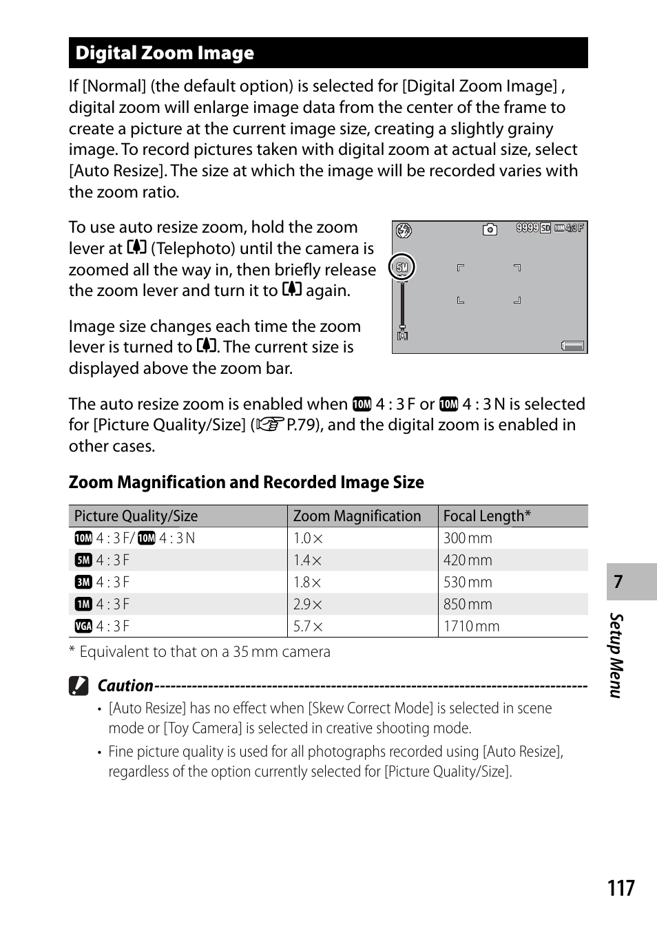 Digital zoom image, Setup men u, Zoom magnification and recorded image size | Ricoh DIGITAL CAMERA CX5 User Manual | Page 118 / 161