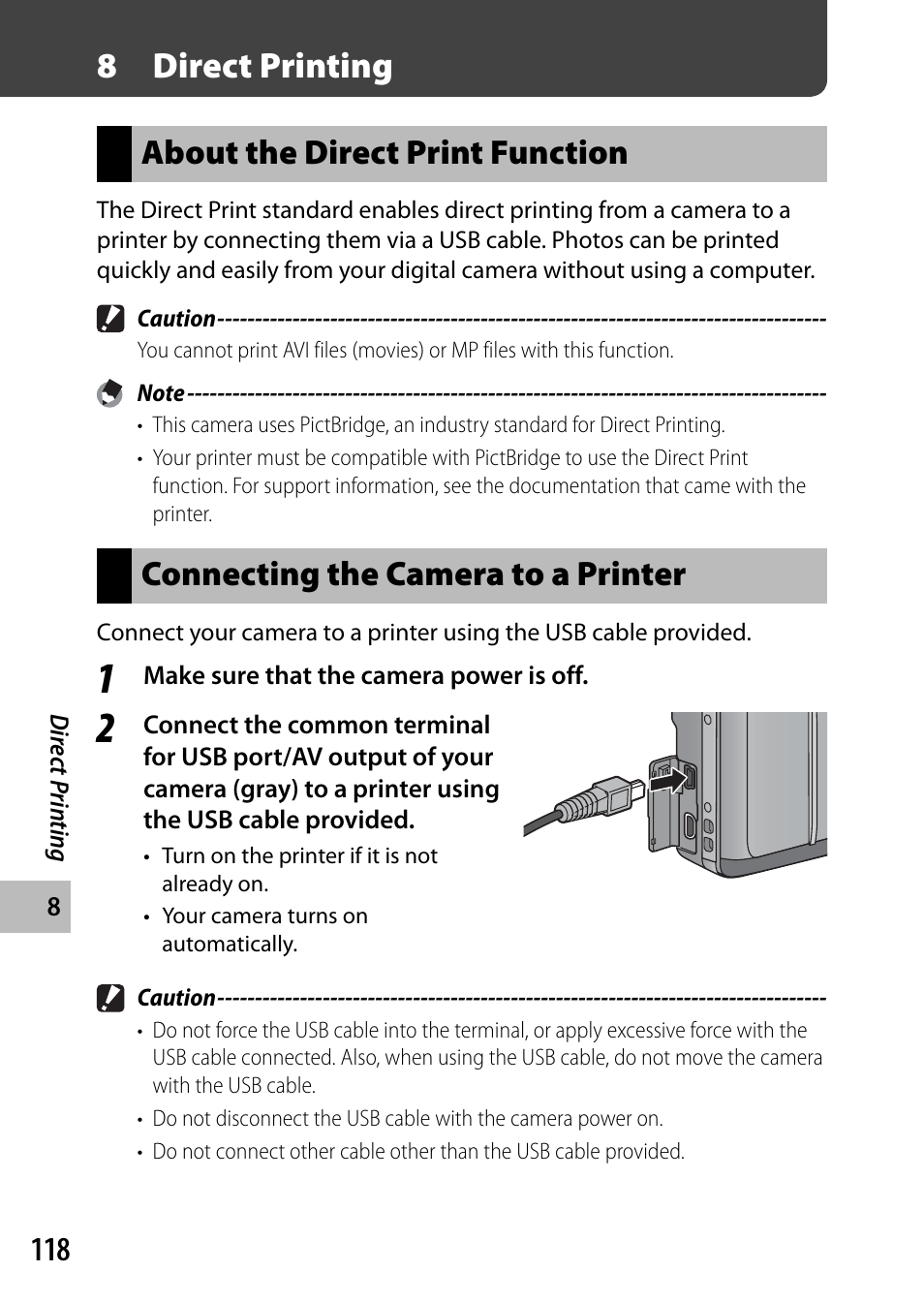 8direct printing, About the direct print function, Connecting the camera to a printer | Ricoh DIGITAL CAMERA CX5 User Manual | Page 119 / 161