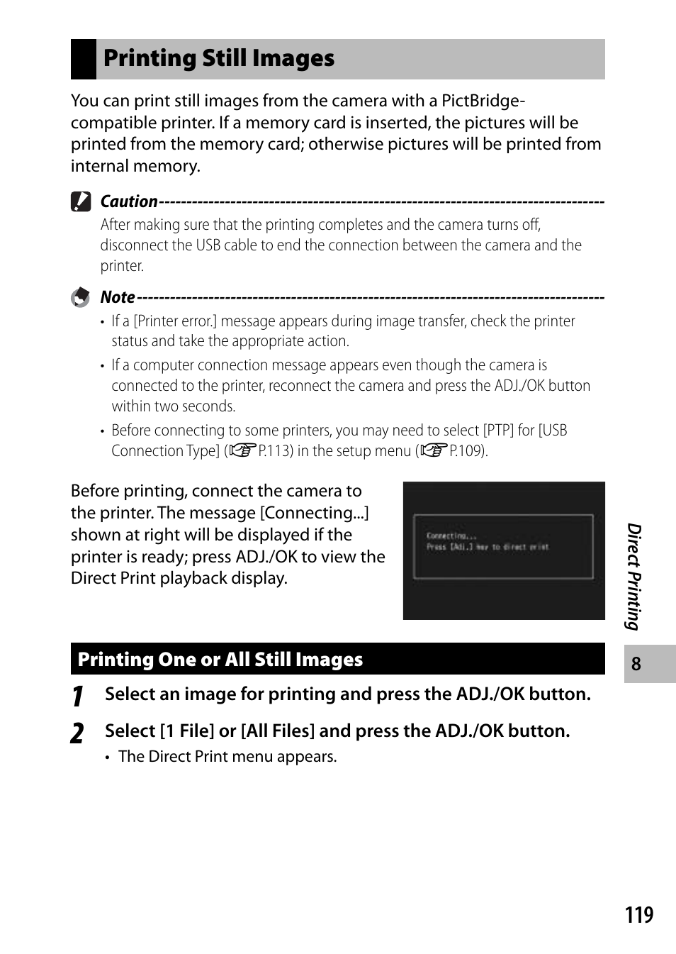 Printing still images | Ricoh DIGITAL CAMERA CX5 User Manual | Page 120 / 161