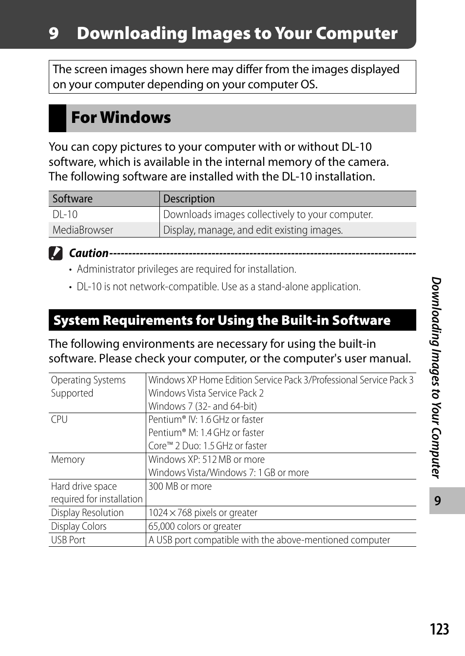 9 downloading images to your computer, For windows | Ricoh DIGITAL CAMERA CX5 User Manual | Page 124 / 161