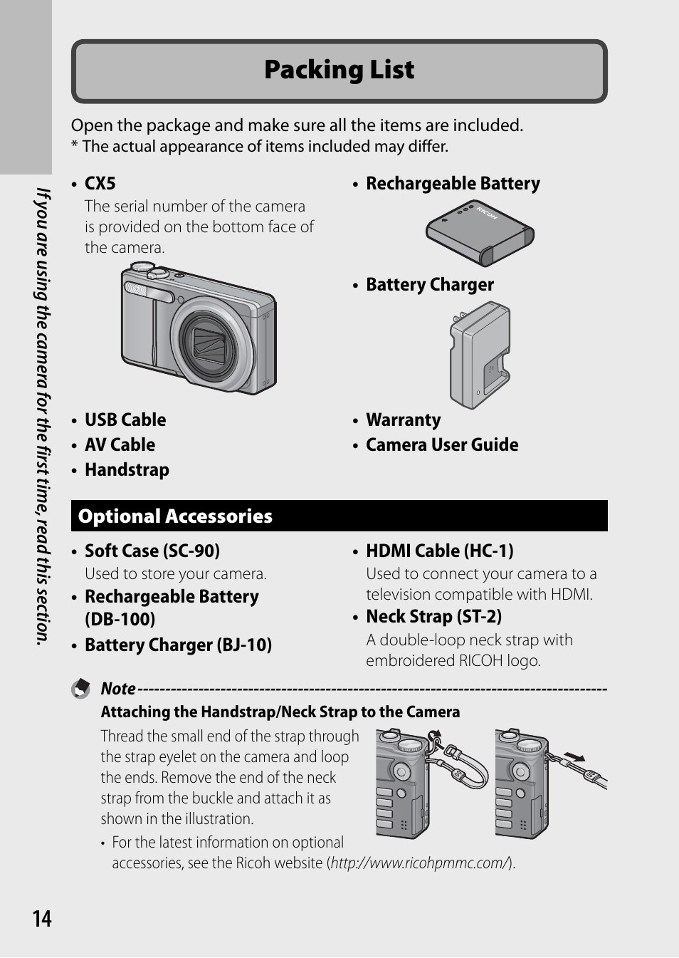 Packing list | Ricoh DIGITAL CAMERA CX5 User Manual | Page 15 / 161