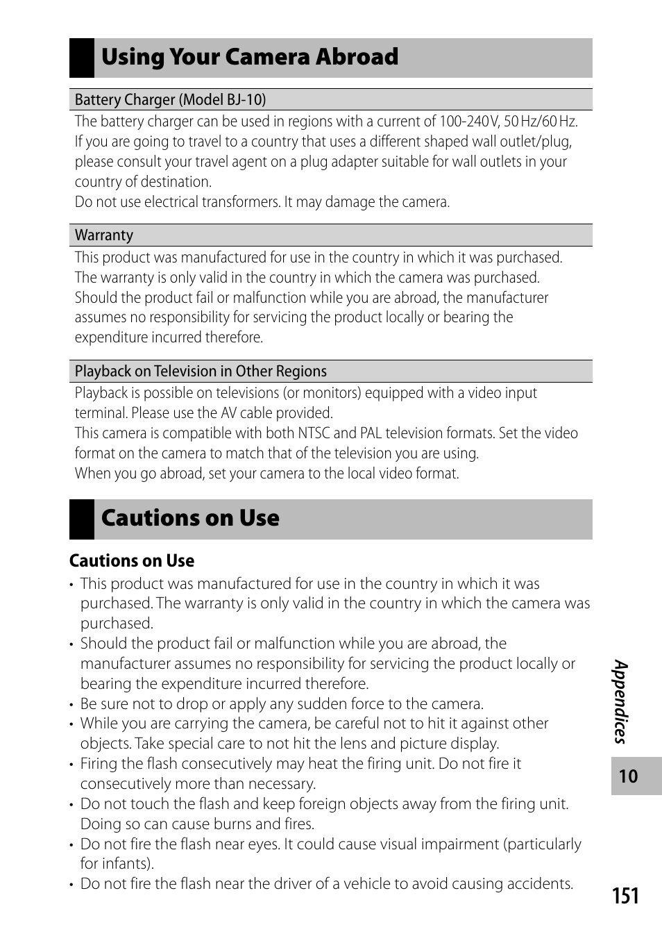 Using your camera abroad, Cautions on use | Ricoh DIGITAL CAMERA CX5 User Manual | Page 152 / 161