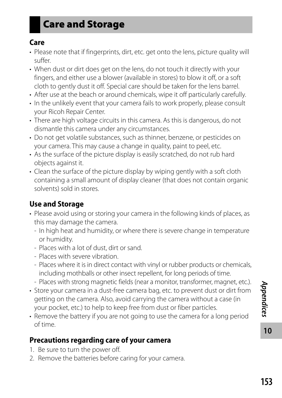 Care and storage | Ricoh DIGITAL CAMERA CX5 User Manual | Page 154 / 161