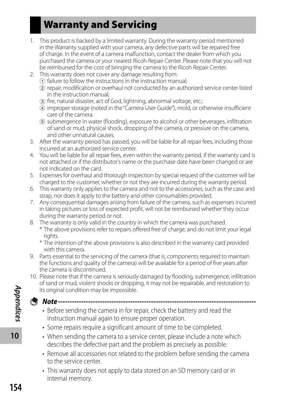 Warranty and servicing, Appendic es | Ricoh DIGITAL CAMERA CX5 User Manual | Page 155 / 161