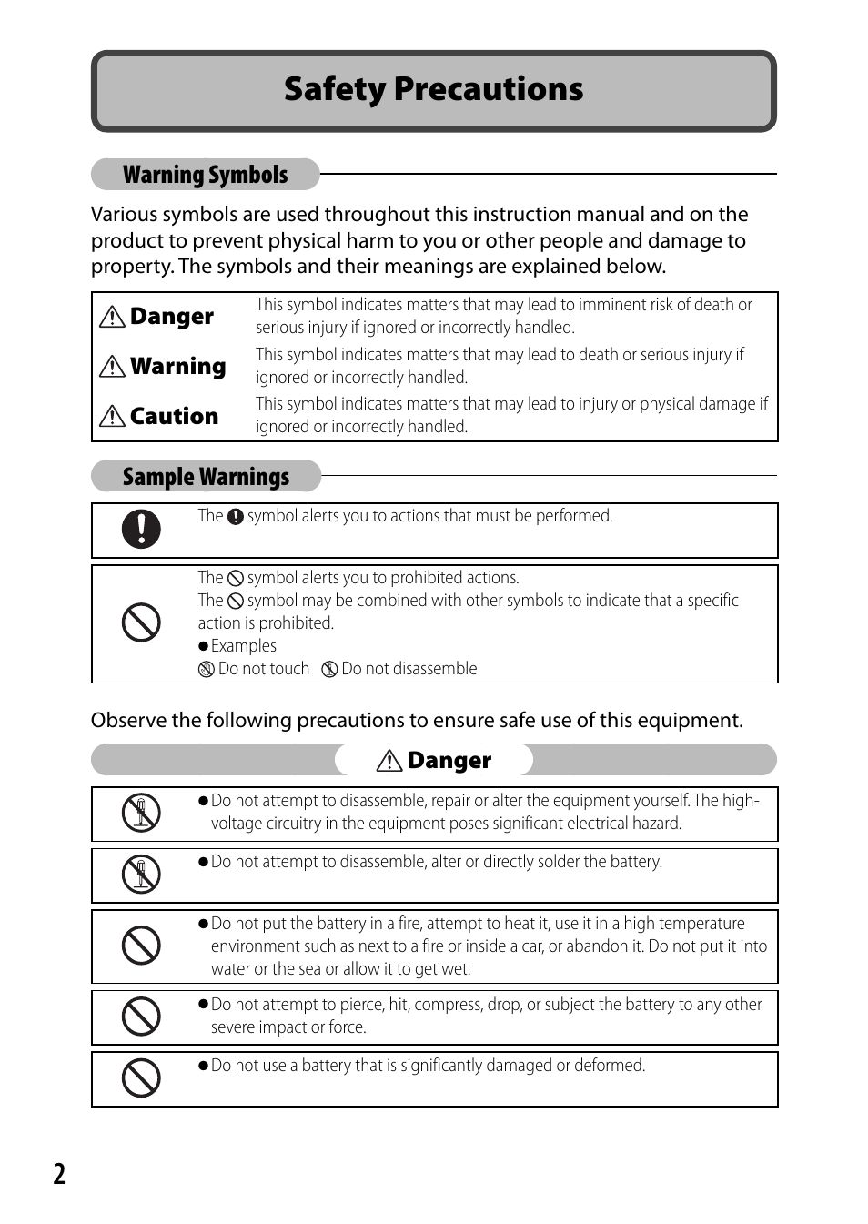 Safety precautions, Warning symbols, Sample warnings | Danger, Warning, Caution | Ricoh DIGITAL CAMERA CX5 User Manual | Page 3 / 161