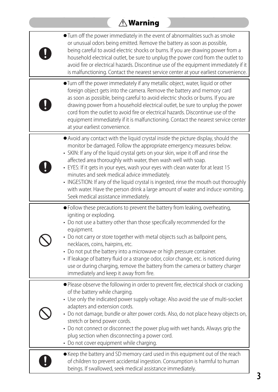 Warning | Ricoh DIGITAL CAMERA CX5 User Manual | Page 4 / 161